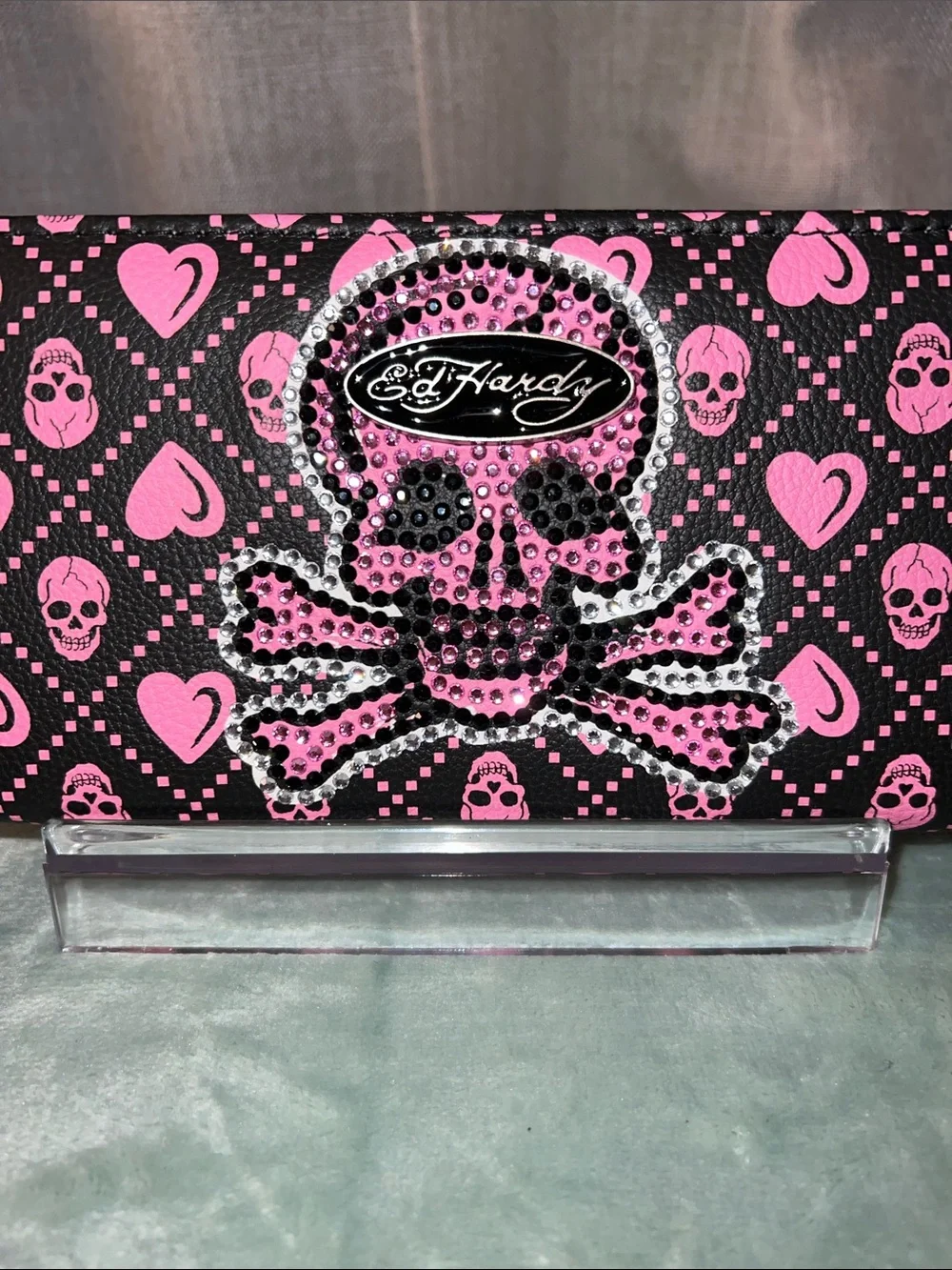 Ed Hardy Pink Skull & Heart Zip-Around Wallet
